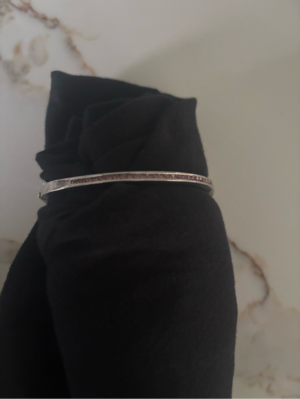 Silver-Tone Women's Bangle Bracelet with Pink Accent Stones